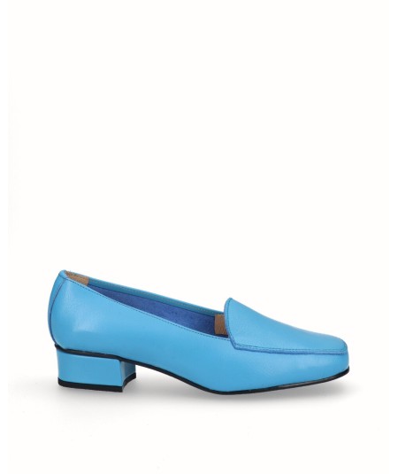Turquoise blue leather high heel moccasin shoe