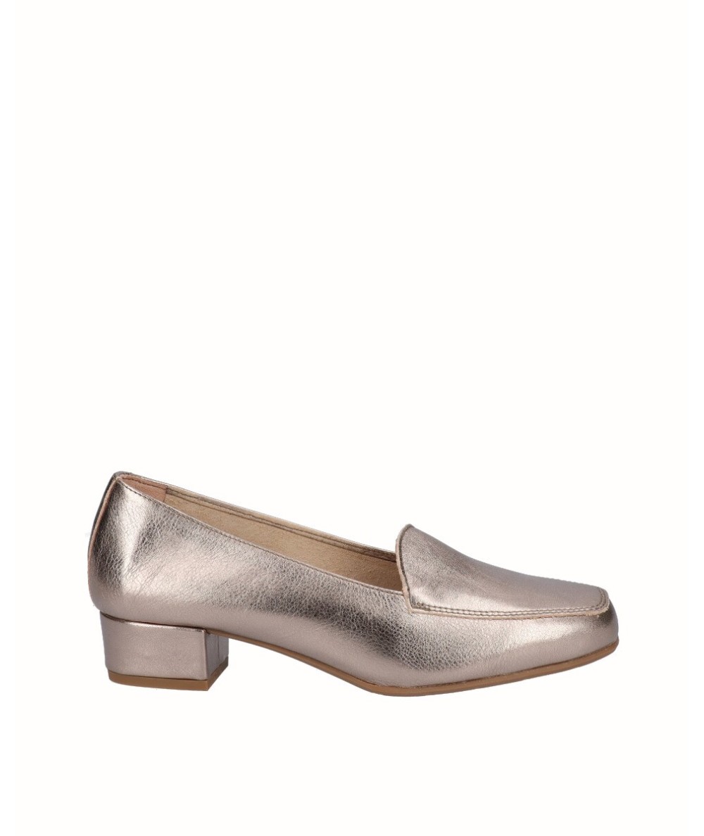 Bronze leather high heel moccasin shoe