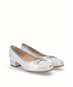 Zapato bailarina tacón piel nacarada combinado piel fantasía grabado blanco