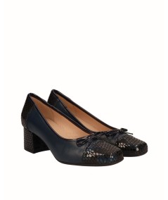 Leather ballerina high heel shoe combined with navy blue snake engraved leather
