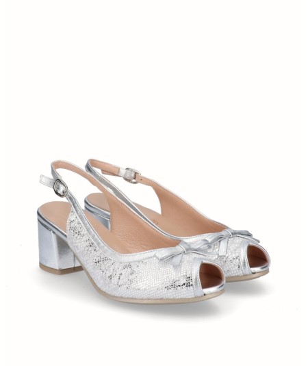 Peep toes white leather high heel shoe combined silver