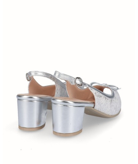 Zapato tacón peep toes piel blanco combinado plata