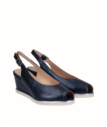 Peep toes wedge shoe in navy blue nacreous leather
