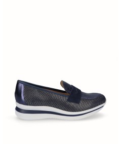 Navy blue mesh and leather sports moccasin shoe