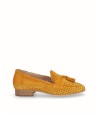 Mustard suede leather moccasin shoe with tassels trim