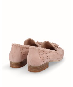 Pink suede leather moccasin shoe with tassels trim