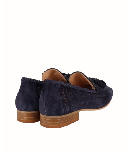 Navy blue split leather moccasin shoe with tassels trim