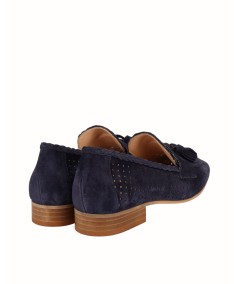 Navy blue split leather moccasin shoe with tassels trim