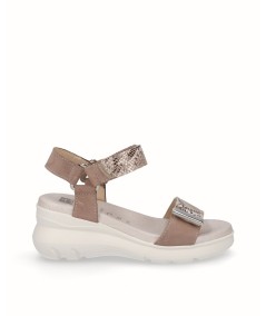 Beige suede leather wedge sandal with engraved snake skin