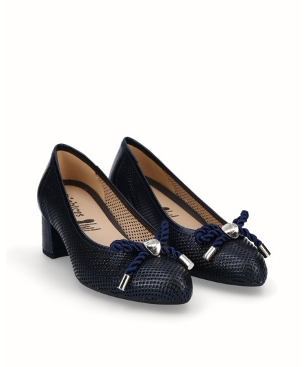Navy blue pearly leather high heel lounge shoe with removable plant
