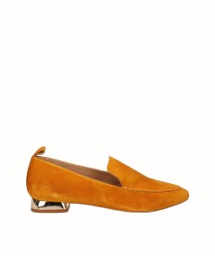 Mustard split leather flat moccasin shoe