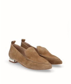 Flat camel split leather moccasin shoe