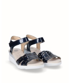 Navy blue patent leather wedge sandal