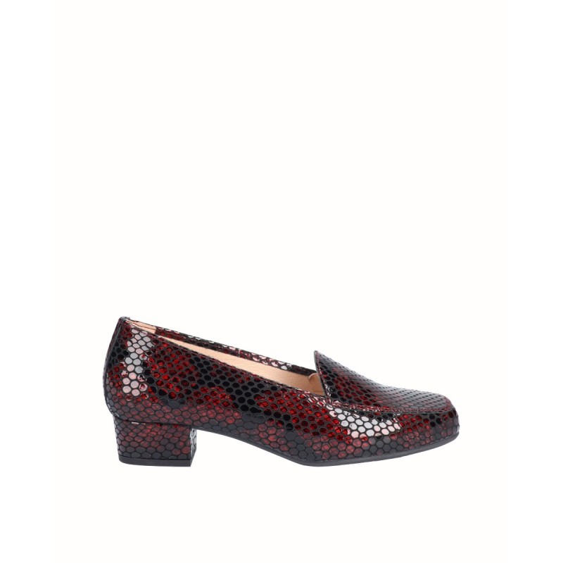 Burgundy snake engraved leather heeled moccasin shoe