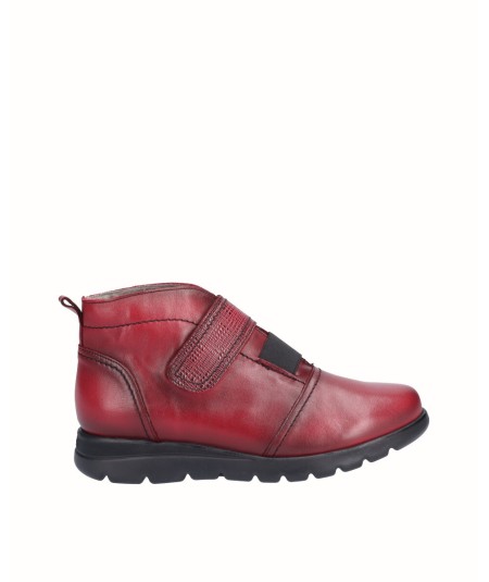 Flat red leather ankle boots with elastic and velcro closure