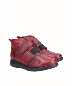 Flat red leather ankle boots with elastic and velcro closure
