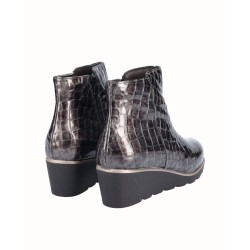 Gray snake engraved patent leather wedge ankle boots