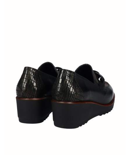 Zapato cuña piel combinada negro