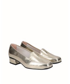 Gold shiny leather moccasin high-heeled shoe