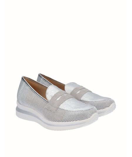 Silver mesh and leather sports moccasin shoe