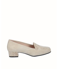 Zapato tacón mocasín ante combinado piel grabada beig
