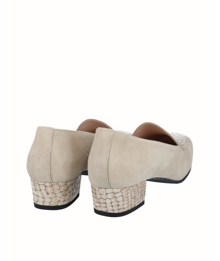 Zapato tacón mocasín ante combinado piel grabada beig