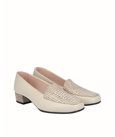 Leather moccasin high-heeled shoe combined beige engraved leather