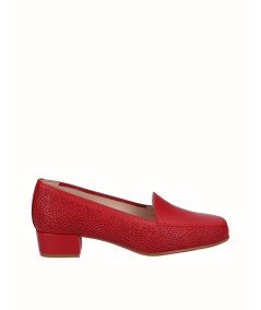Red leather moccasin heeled shoe