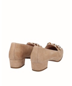 Taupe suede leather moccasin heeled shoe