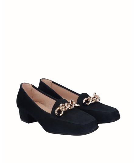 Navy suede leather moccasin heeled shoe
