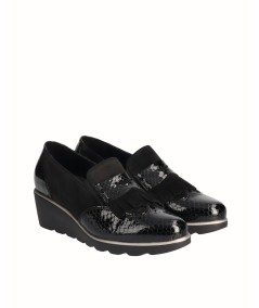 Combined black leather wedge shoe