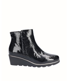 Black snake engraved patent leather wedge ankle boots
