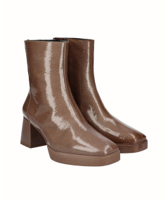 Brown patent leather heeled ankle boot