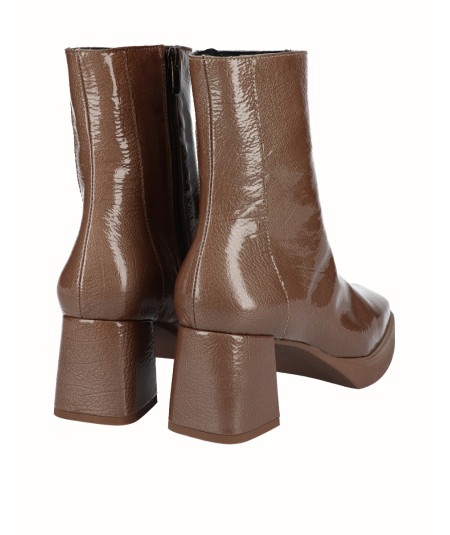 Brown patent leather heeled ankle boot