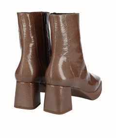 Brown patent leather heeled ankle boot