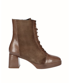 Brown split leather and patent leather heeled ankle boot