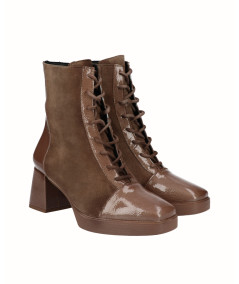 Brown split leather and patent leather heeled ankle boot