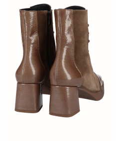 Brown split leather and patent leather heeled ankle boot